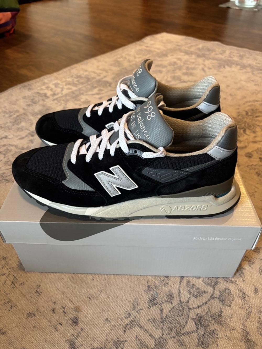 New Balance Men’s 998 Made in USA Retro Running Shoes - size 10 - black/grey